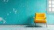 © Larisa AI - A retro yellow chair stands prominently against a vibrant blue wall, creating a striking visual contrast that evokes feelings of nostalgia and cheerfulness.