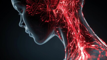Poster - detailed medical animation visualizing female nervous system anatomy with illuminating vascular netw
