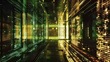 Poster - Digital landscape showcasing vibrant light trails and data patterns in a futuristic corridor