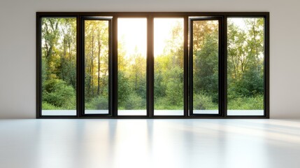 Poster - A beautiful view through large windows, showcasing a vibrant green forest illuminated by sunlight, creating a serene and inviting atmosphere in a modern interior space.