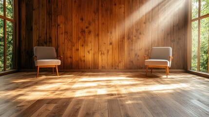 Poster - A serene and minimalist room featuring two cozy chairs bathed in natural light filtering through large windows, showcasing the beauty of wooden walls and a peaceful atmosphere.