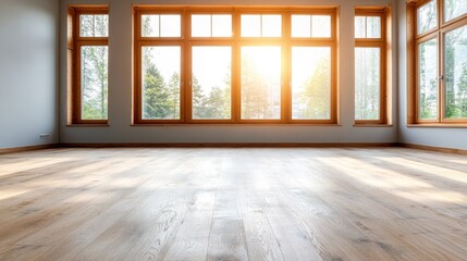 Poster - A spacious, empty room flooded with golden sunlight through large windows, evoking feelings of warmth, potential, and the beauty of natural light in minimalist spaces.