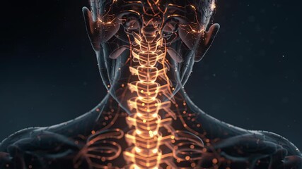 Poster - Intricate nervous system energy flowing along transparent spine and brain, revealing complex neurological activity within human anatomy through detailed medical visualization