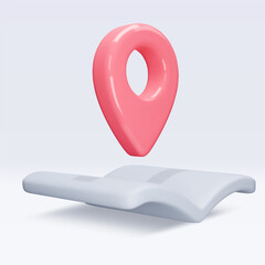 Poster - Red location pointer on map, book, placemark, marker of map, navigation pin sign. 3d GPS icon. Sign for searching on map direction. Vector render illustration isolated on white background