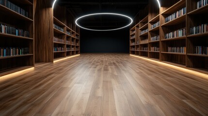 Poster - An elegant, modern library interior featuring sleek wooden shelves lined with books, illuminated by ambient lighting that creates a tranquil atmosphere perfect for reading and studying.