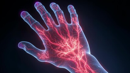 Poster - medical visualization of a human hand highlighting circulatory system, veins and arteries, useful fo