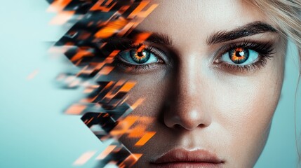 Poster - This striking image showcases a close-up of a woman's face, enhanced with digital elements and glowing eyes that convey a sense of modernity and creativity in art.