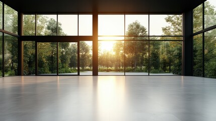Poster - A spacious modern glass room showcases an inviting sunset view surrounded by lush greenery, creating a serene atmosphere perfect for relaxation and contemplation.