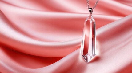 Poster - A stunning crystal pendant gracefully hangs against a soft pink satin backdrop, showcasing elegance and luxury in jewelry design, perfect for fashion or accessory themes.