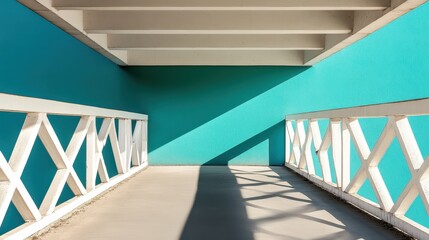Poster - A captivating minimalist architectural passage featuring striking turquoise walls and geometric lines, creating a modern, spacious environment filled with light and structure.