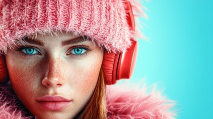 Poster - A striking portrait of a young woman with vibrant blue eyes, wearing a pink fluffy hat and headphones against a bright blue background, exuding youthful energy and style.