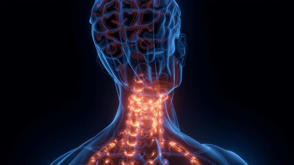 Poster - cervical spine anatomy showing cervical vertebrae, spinal cord and brain, rotating slowly, highlight