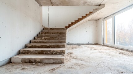 Poster - A set of unfinished concrete stairs leading up in a minimally designed modern space, evoking feelings of anticipation and potential for future habitation and creation.