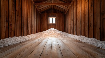 Poster - A cozy wooden cabin's interior with a snowy mound of salt, illuminated by warm light through a small window, evoking a sense of tranquility and nostalgia in viewers.