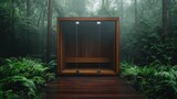 A unique wooden sauna nestled among vibrant green vegetation in a foggy forest, evoking feelings of peace and connection with nature.