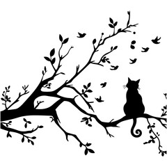 cat on a tree with birds, vector