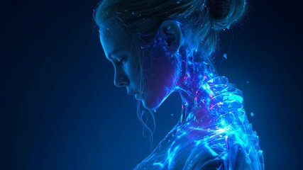 Wall Mural - Glowing blue particles swirling around woman's neck and shoulders, visualizing potential medical pain and inflammatory processes in futuristic digital rendering