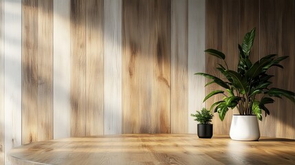 Poster - A minimalist indoor setting featuring a beautiful arrangement of greenery in pots against wooden walls, creating an inviting atmosphere that emphasizes simplicity and nature.