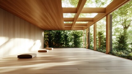 Poster - This minimalist open space with wooden accents blurs the line between indoor and outdoor, inviting tranquility and connection to nature, ideal for peaceful retreats and relaxation.
