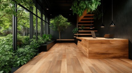 Poster - A contemporary indoor space featuring wooden furnishings, natural elements, and large windows that seamlessly connect the indoors with vibrant green foliage outside.