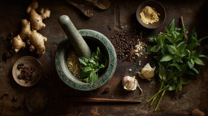 Poster - An overhead view of a traditional Thai cooking setup, featuring a mortar and pestle, fresh herbs, and spices, capturing the tools of authentic Thai cooking.