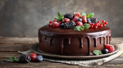 Poster - A beautifully decorated chocolate cake with rich ganache, adorned with fresh berries and mint leaves, sitting on a rustic wooden table against a soft background.