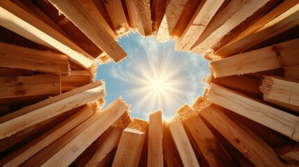 Poster - A captivating view from within a wooden beam structure, showcasing sunlight streaming in and creating a warm ambiance while emphasizing natural elements of design.