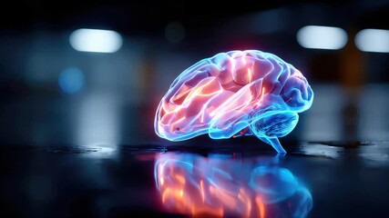 Poster - Glowing digital brain with neon highlights placed on a reflective dark surface, representing artificial intelligence