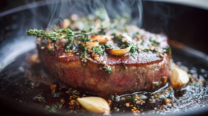Aufkleber - A close-up of a beef steak resting on a sizzling hot skillet, with herbs and garlic cloves, creating an enticing aroma and showcasing the cooking process.