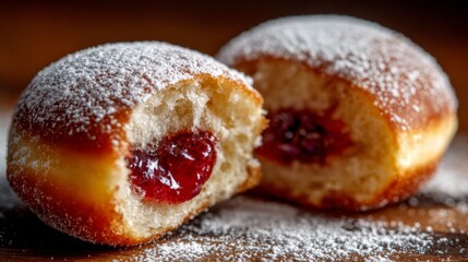 Poster - A close-up of a filled donut being cut in half, revealing its delicious jam or cream filling, with powdered sugar dusted on top for a mouthwatering effect.