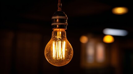 Poster - A close-up of a light bulb glowing softly in a dim room, with the filament clearly visible and the warm light casting a gentle glow around