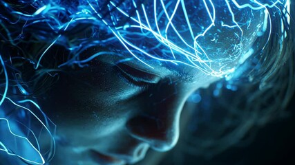 Aufkleber - Blue glowing lines spread over a woman's head, visualizing complex brain activity and neural connections in an abstract representation of thought processes, consciousness, or scientific research