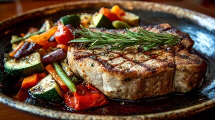 Poster - A close-up of a pork steak garnished with rosemary and served on a rustic plate, with a side of colorful roasted vegetables, creating a visually appealing dish.