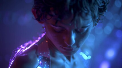 Poster - Futuristic bioluminescent implants glow on the back and shoulder of a young man with curly hair, creating a mesmerizing display of light and technology