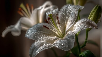 Aufkleber - A close-up of a white lily with sparkling water droplets, showcasing the elegance of the flower and the intricate details of its petals in natural light.