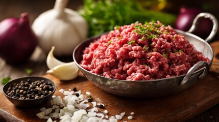 Aufkleber - A close-up shot of fresh ground beef in a metal bowl, with ingredients like chopped onions, garlic, and black pepper nearby