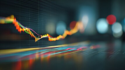 Fototapete - A close-up view of a financial chart with various colored lines depicting market performance over time, set on a sleek desk with a blurred background.