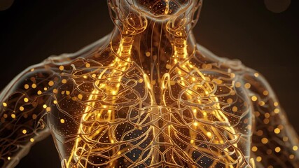 Poster - golden glowing particles flowing through nervous system and blood vessels inside transparent human c