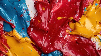 Poster - An abstract composition of vibrant paint splashes in red, blue, and yellow tones, demonstrating creativity and artistic expression on a textured canvas.