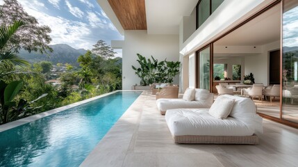 Poster - Showcasing a sleek and modern poolside living area, this image emphasizes natural beauty, design, and luxury, blending indoor comfort with stunning outdoor vistas.