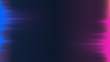 abstract halftone dots vector with neon pink and blue glow, horizontal gradient, radial pixel spread