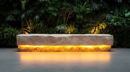 Poster - A beautifully illuminated stone bench rests against a backdrop of lush greenery, creating a serene and inviting atmosphere for relaxation and contemplation.