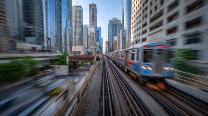 Poster - A dynamic shot of an electric train in motion, capturing the movement blur as it travels along elevated tracks in a bustling city setting.