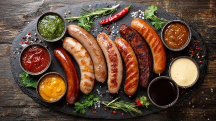 Poster - A flat lay of a variety of sausages, including spicy and mild, with accompanying sauces and condiments arranged around them for a perfect picnic setup.