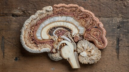 Poster - A high-resolution image of a human brain dissected to reveal its internal structures, including the cortex and cerebellum, displayed on a wooden table for a scientific feel.