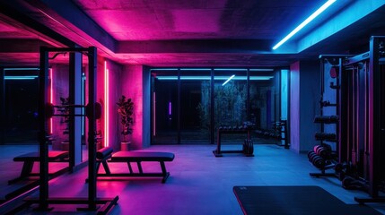 Poster - A modern gym interior illuminated by striking pink and blue lights, featuring sleek equipment and a minimalist design that promotes fitness and an energizing environment.
