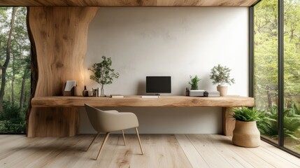 Poster - A sleek and elegant home office features a wooden desk and contemporary décor, harmonizing with nature through large windows displaying lush greenery just outside.