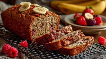 Poster - A loaf of banana bread cooling on a rack, with slices cut and placed on a plate, garnished with a few fresh berries