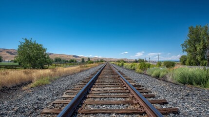 Aufkleber - A long stretch of railroad tracks disappearing into the distance under a clear blue sky, with a rural landscape on either side