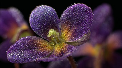 Poster - A macro perspective of a violet flower with dew-covered petals, showcasing the intricate textures and colors enhanced by the sparkling droplets of water.